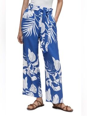 Mango Blue Tropical Print Wide Leg Pants Paperbag Waist Tie Front Resort Style L